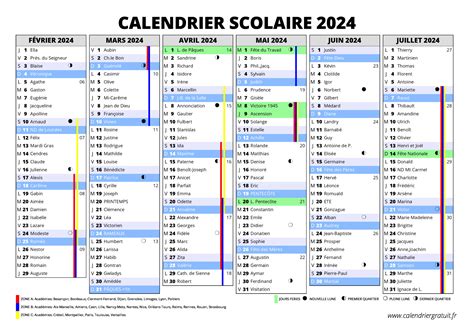 Calendrier scolaire 2024.